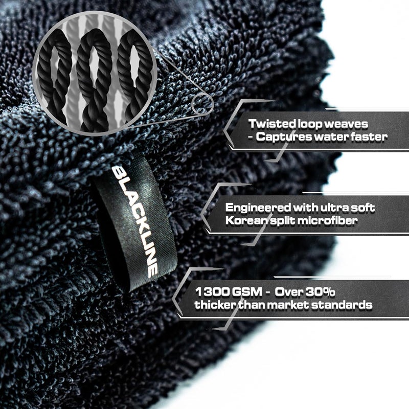 BlackLine 24"x36" Twisted-Loop Car Drying Towel, 1300GSM, Streak Free, Lint Free, Reusable - Car Accessories, Microfiber Cleaning Cloth for Car, Truck, SUV - One Pass is All You Need - Image 2